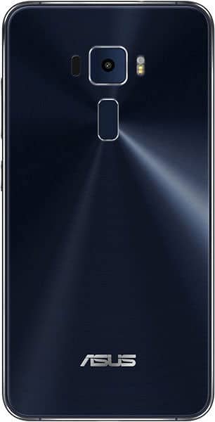 Rear view of black Asus ZenFone 3 with single camera, flash, fingerprint sensor, ASUS logo, and reflective circular pattern.