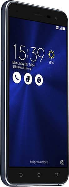Front view of black Asus ZenFone 3 showing lock screen with time, date, Taipei location, weather, three app icons, and unlock prompt.
