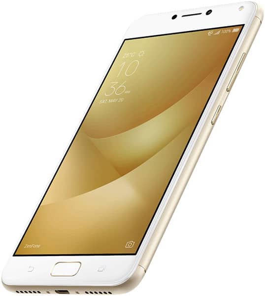 Asus ZenFone 4 Max 5.5 front view, white phone with gold-toned display showing time and weather widgets