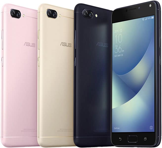 Asus ZenFone 4 Max 5.5 in four color options: pink, gold, black, and black with display visible showing time and date