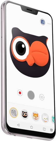 Asus ZenFone 5z front view displaying screen with cartoon owl character and messaging app interface with camera controls