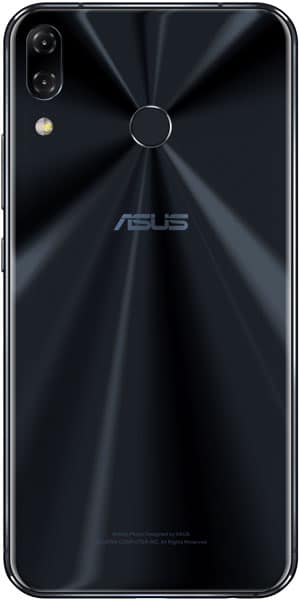 Asus ZenFone 5z rear view, black, showing dual camera and fingerprint sensor on dark ridged back panel