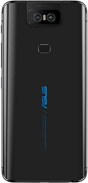 Rear view of Asus ZenFone 6 (2019) with rear fingerprint sensor, dual flip camera at top, and blue Asus logo in the center.