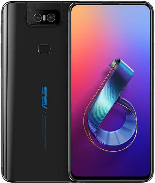 Asus ZenFone 6 (2019) in black, front and rear views; flip-up camera, fingerprint sensor, and colorful display visible.