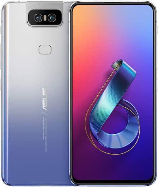 Asus ZenFone 6 (2019) in silver shown front and back; rear has flip camera, fingerprint sensor, front shows colorful “6” graphic.
