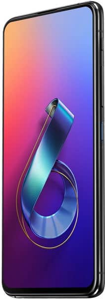 Front view of Asus ZenFone 6 (2019) showing edge-to-edge display with colorful gradient and blue metallic ribbon; side buttons visible.