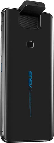 Rear view of black Asus ZenFone 6 (2019) showing fingerprint sensor and partially extended flip-up camera at top edge.