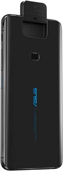 Rear view of black Asus ZenFone 6 (2019) showing rectangular fingerprint sensor, flip-up camera, and Asus branding.