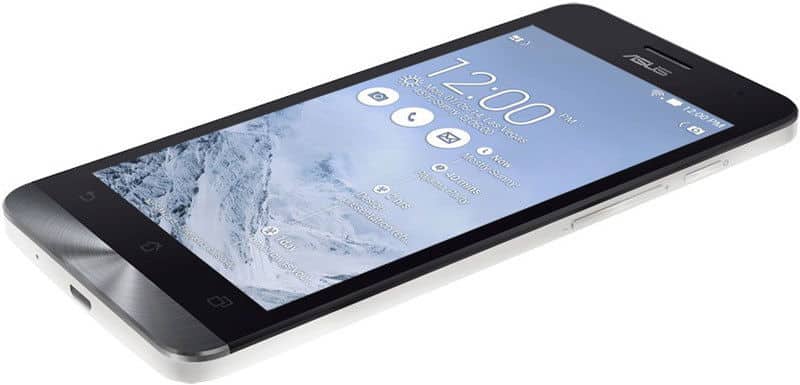 Asus ZenFone 6 front view with black and white body, displaying lock screen with time 12:00 and weather widget