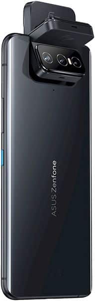 Asus Zenfone 8 Flip rear view, showing dark gray phone with flipped-up camera module at top and "ASUS Zenfone" text on back