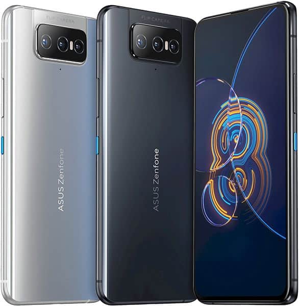 Asus Zenfone 8 Flip shown in silver and black variants, rear and front views displaying triple camera setup and colorful abstract wallpaper on screen