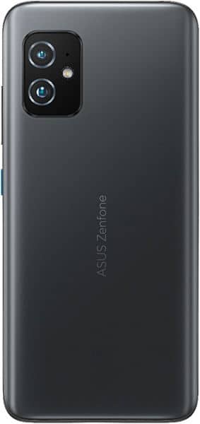 Rear view of black Asus Zenfone 8 showing dual cameras, flash in top left, and centered ASUS Zenfone logo.