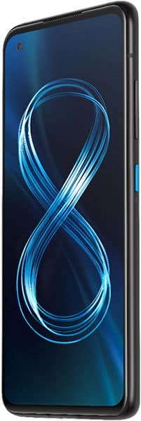 Black Asus Zenfone 8, front-side view; blue infinity symbol on screen, rounded edges, blue side button visible.