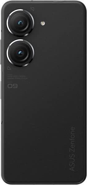 Rear view of black ASUS Zenfone 9 with dual large camera lenses, flash, and "ASUS Zenfone 09" branding on matte back.