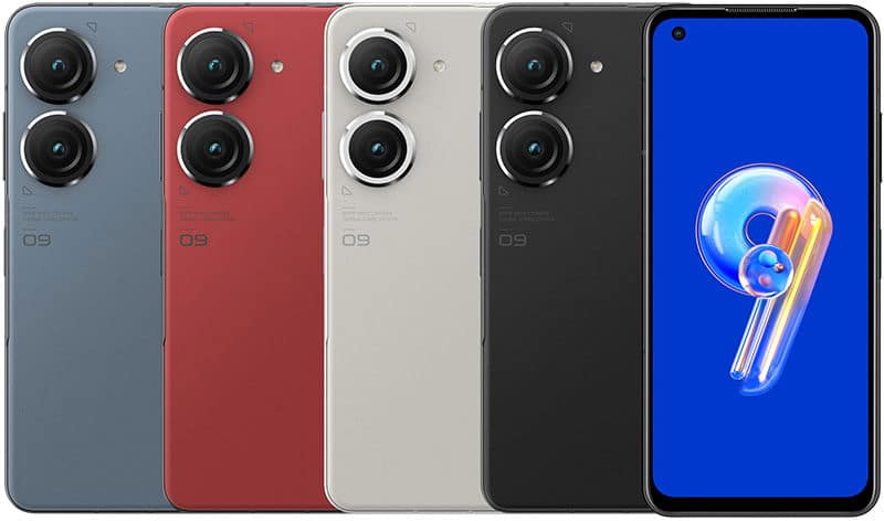 Front and rear view of five Asus Zenfone 9 phones in blue, red, white, black; all with dual rear cameras.