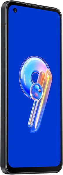 Front view of black Asus Zenfone 9 showing blue display with stylized number 9 and front camera in top left corner.