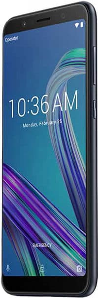 Asus ZenFone Max Pro M1 front view with blue lock screen displaying time 10:36 AM and colorful abstract wallpaper design
