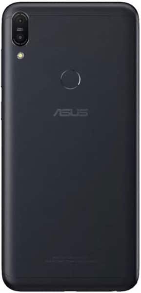 Asus ZenFone Max Pro M1 rear view showing black finish, dual camera, fingerprint sensor, and ASUS logo