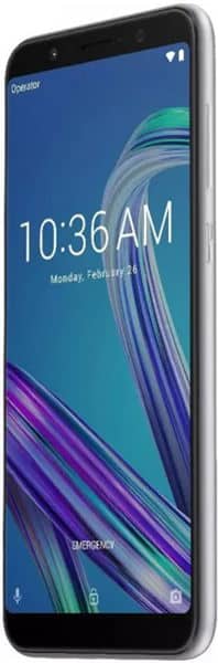 Asus ZenFone Max Pro M1 front view, displaying lock screen with time 10:36 AM and colorful blue and purple striped wallpaper
