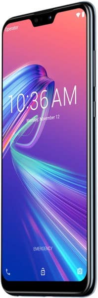 Asus ZenFone Max Pro M2 front view displaying colorful gradient wallpaper with time 10:36 AM on screen