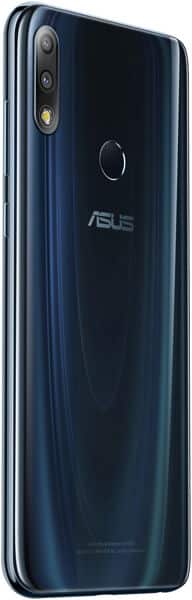 Asus ZenFone Max Pro M2 rear view, showing dual camera and fingerprint sensor on dark blue body