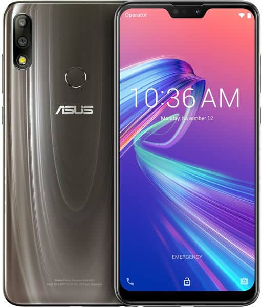 Asus ZenFone Max Pro M2 front view with display showing time 10:36 AM and colorful gradient wallpaper, dual rear cameras visible on left side