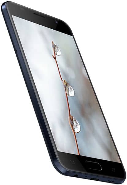 Asus Zenfone V front view, dark blue phone displaying water droplets on a red stem against white background