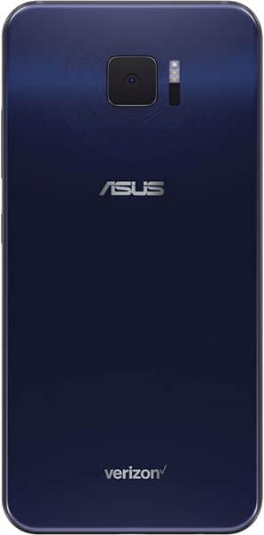 Asus Zenfone V rear view, deep blue back with camera and flash, Verizon branding at bottom