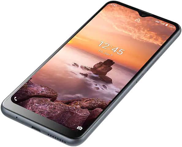 AT&T Fusion 5G front view, displaying a coastal sunset landscape on the lock screen at 12:45