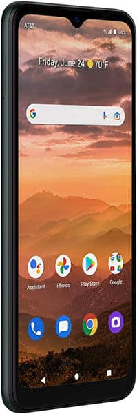 AT&T Maestro 3 smartphone front view with sunset mountain landscape wallpaper, search bar, and app icons on home screen