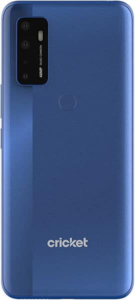 AT&T Radiant Max 5G rear view, blue finish with camera module and Cricket branding