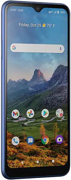 AT&T Radiant Max 5G front view, displaying home screen with mountain landscape, widgets, and app icons