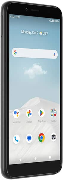 AT&T Vista smartphone front view displaying home screen with Google search bar, weather info, and app icons including phone, messages, Chrome, and camera