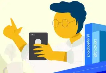 Illustrated person holding a smartphone displaying an ebook reader app, with blue books labeled "ebooks" nearby
