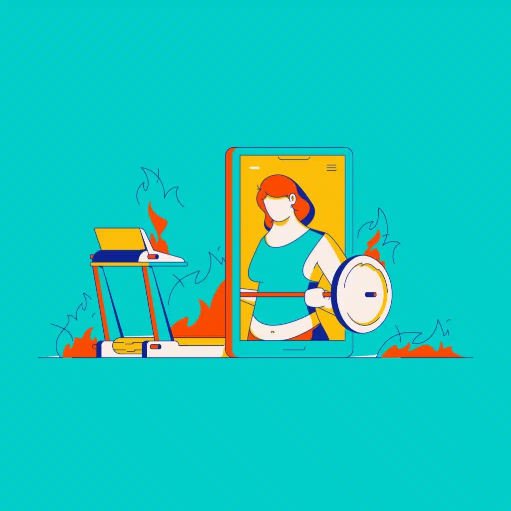 Illustrated woman on smartphone screen holding a fitness tracker, surrounded by exercise equipment and flames on turquoise background