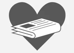 A book icon overlaid on a heart shape, symbolizing reading and news consumption