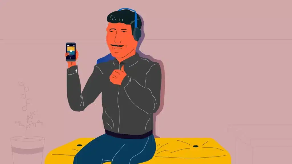 Illustrated person wearing headphones holding up a smartphone displaying a podcast app interface