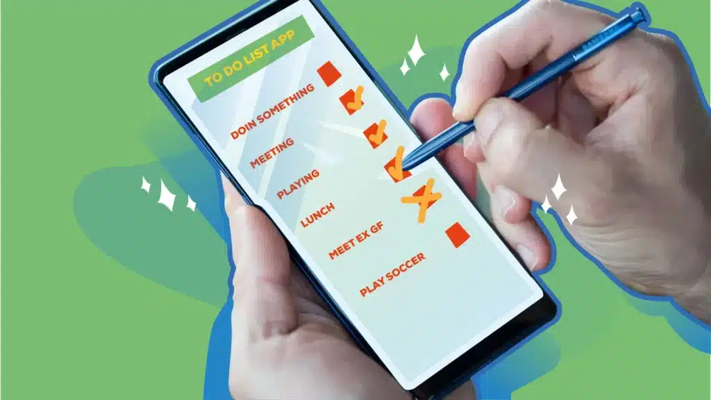 Person holding smartphone displaying to-do list app with tasks like "down something," "meeting," "playing," and "lunch" marked with checkboxes on green background