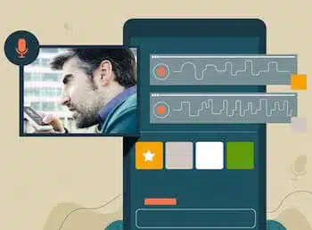 Voice recorder app interface showing waveform displays, color palette, and a man's profile photo in the corner