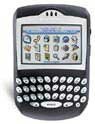 Front view of BlackBerry 7290 showing small display with app icons and full QWERTY keyboard on a black and white body.