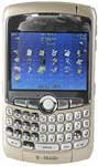 Front view of silver T-Mobile BlackBerry 8320 Curve with full QWERTY keyboard and small display showing app icons.