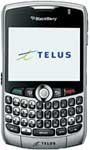 Front view of BlackBerry 8330 Curve shows full QWERTY keyboard and Telus logo on screen.