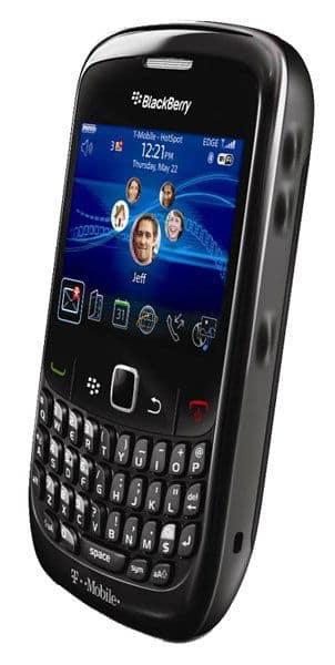 BlackBerry 8520 Curve front view, black phone with blue screen displaying contacts and QWERTY keyboard below