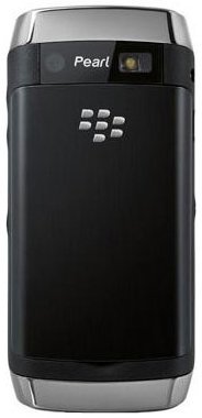 BlackBerry Pearl 3G rear view, black phone with silver trim and keyboard buttons visible