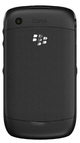 BlackBerry 9330 rear view showing textured black back with camera lens and white logo