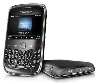 BlackBerry 9330 front view with QWERTY keyboard and screen displaying music player, shown next to device with curved side profile