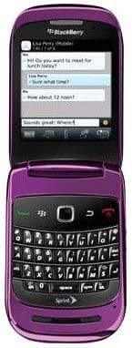 Front view of a purple BlackBerry 9670 Style flip phone showing screen with text conversation, keyboard, and Sprint logo.