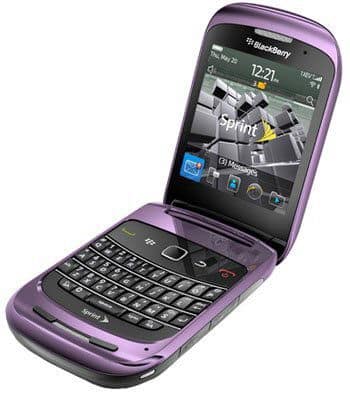 Purple BlackBerry 9670 Style flip phone, open at an angled front view, QWERTY keyboard and Sprint-branded screen visible.