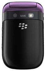 Rear view of BlackBerry 9670 Style; purple top, camera lens, flash, and BlackBerry logo centered on the back.