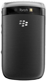 Rear view of BlackBerry Torch 9800 with textured black back, centered BlackBerry logo, and top-mounted camera with flash.